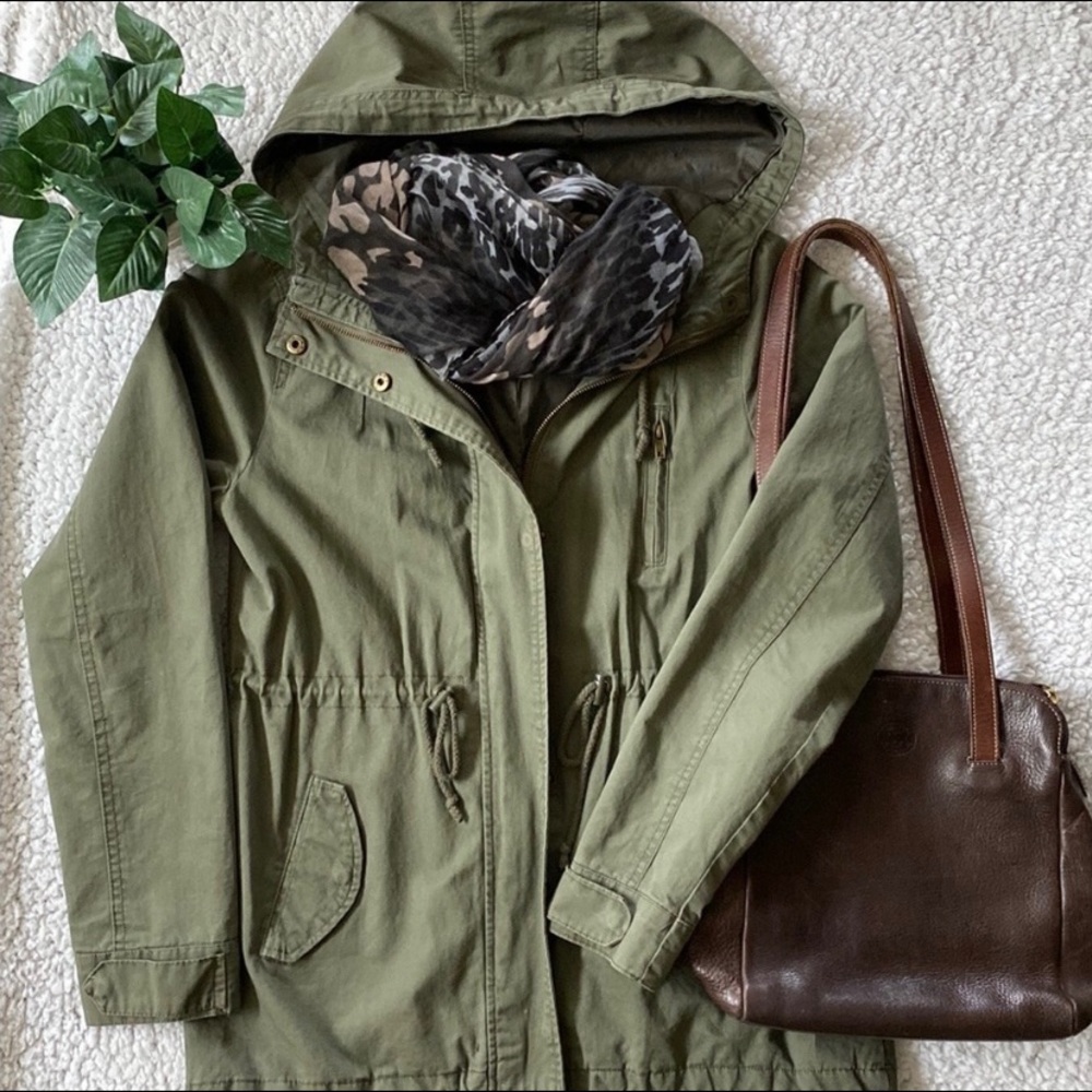 Ambiance Utility Jacket. Khaki green hooded.
